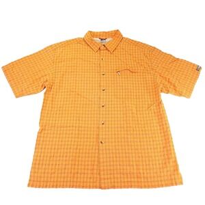North Face Shirt Men Medium Button Front Short Sleeve Orange Check Zipped Pocket